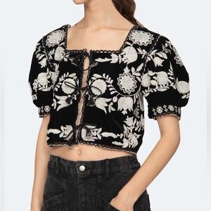 New Sea NY Irene black velvet embroidered tie front blouse
